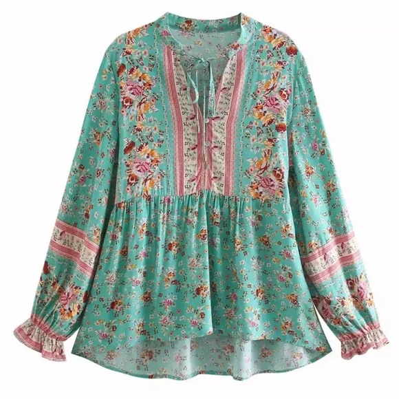 Turquoise Floral Bohemian Gypsy Button Blouse - Picture 2 of 7